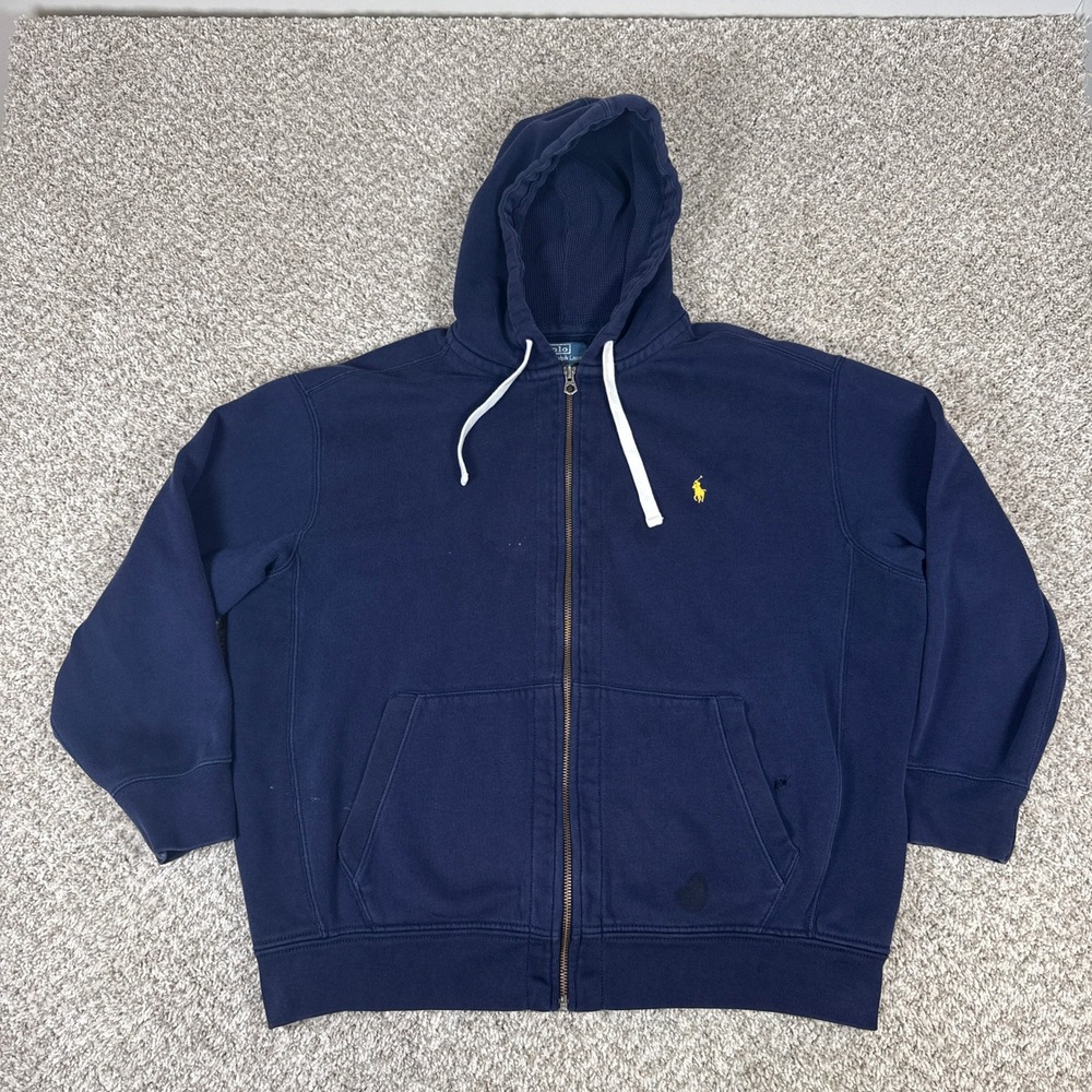 Polo Ralph Lauren Full Zip Hoodie Mens 2XB Blue Yellow Pony‎ Distressed Grunge